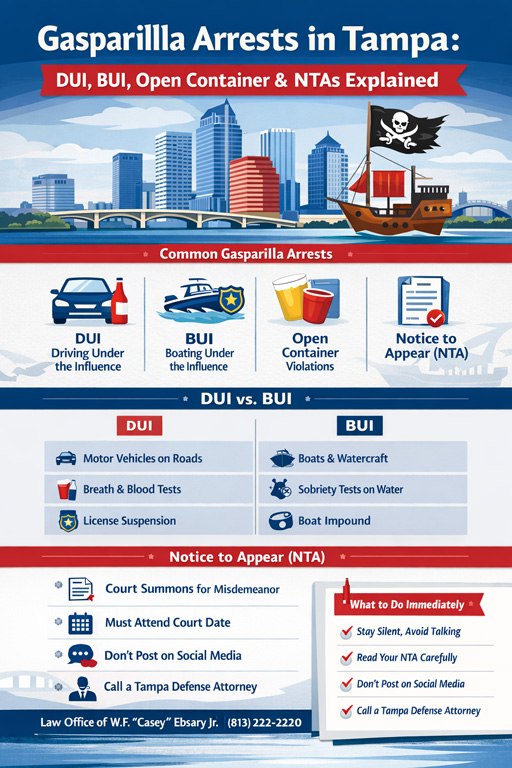 Gasparilla DUI Lawyer - Gasparilla Arrests Are Different — Get Real Legal Help Fast Gasparilla brings massive police presence from Tampa PD, Hillsborough County, FWC, and the Coast Guard. DUI, BUI, open container violations, and Notices to Appear are aggressively enforced. If you or someone you love was arrested during Gasparilla, timing matters. Court dates, license issues, and criminal records move fast. 📍 Tampa & Hillsborough County 📞 Call (813) 222-2220